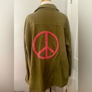 Military Green Shacket with Pink Peace Sign
